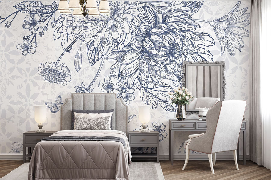 Florale Illustration mit zarten Schmetterlingen
