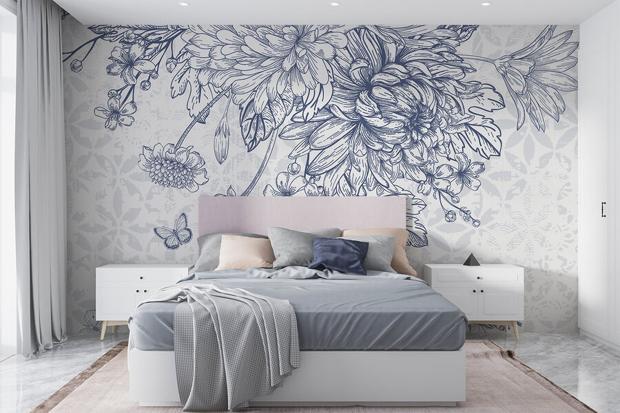 Florale Illustration mit zarten Schmetterlingen