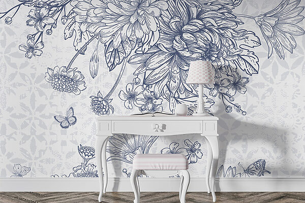 Florale Illustration mit zarten Schmetterlingen Florale Illustration mit zarten Schmetterlingen