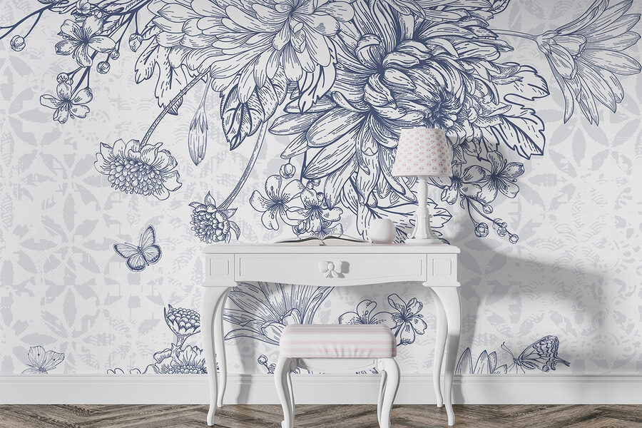 Florale Illustration mit zarten Schmetterlingen