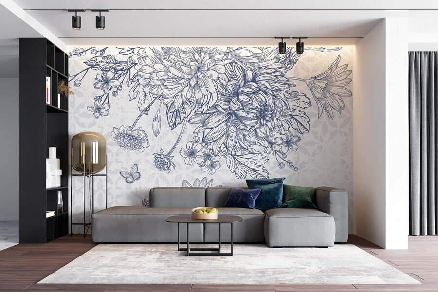 Florale Illustration mit zarten Schmetterlingen