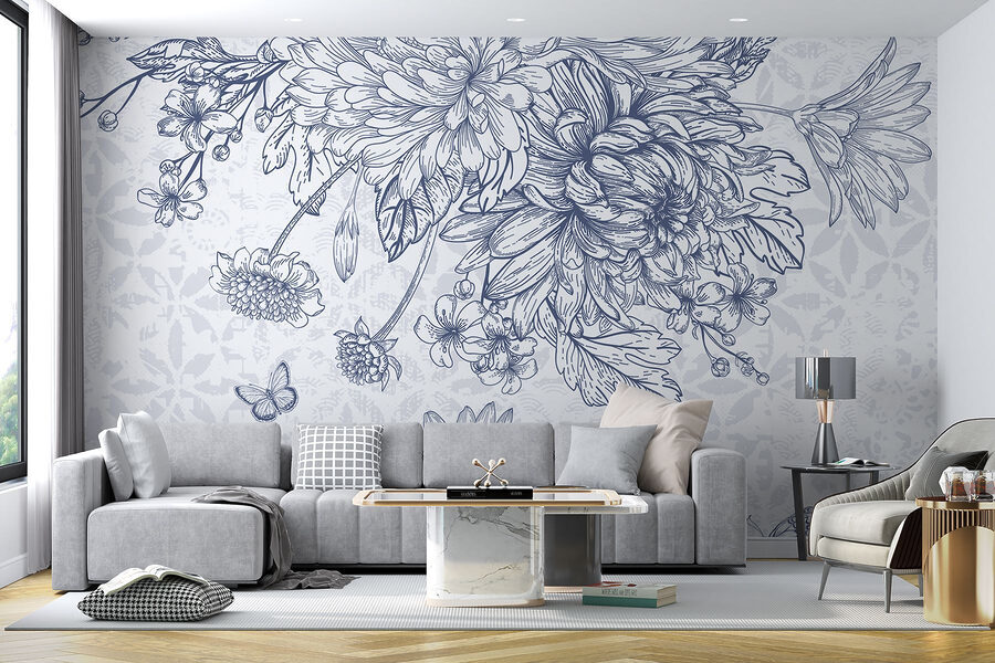 Florale Illustration mit zarten Schmetterlingen