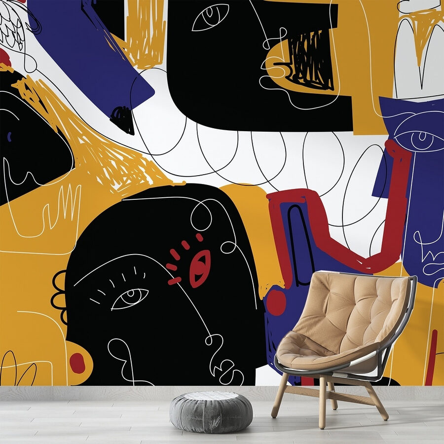 Bunte Kunst mit schwarzen und blauen Gesichtern