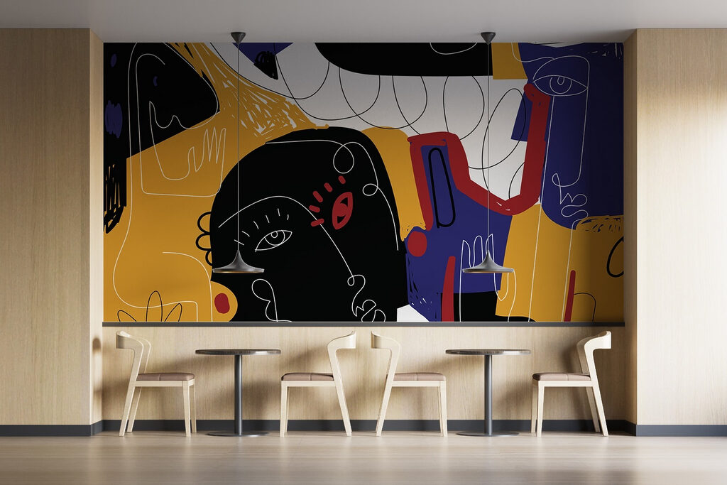 Colorful art with black and blue faces Colorful art with black and blue faces