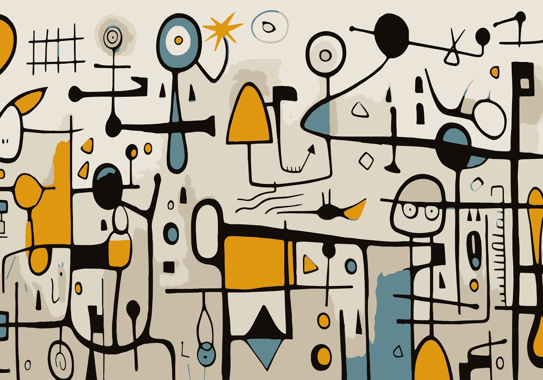 Colorful art piece with people and shapes