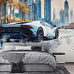 Fototapeten Gemälde eines weißen Sportwagens, der auf einer Straße mit Palmen fährt