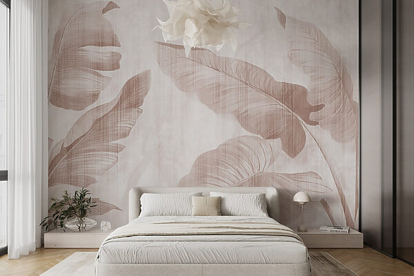 Fototapeten Fototapeten Zarte tropische Blätter auf einem gedämpften Hintergrund (Artikelnummer: u00299v2)