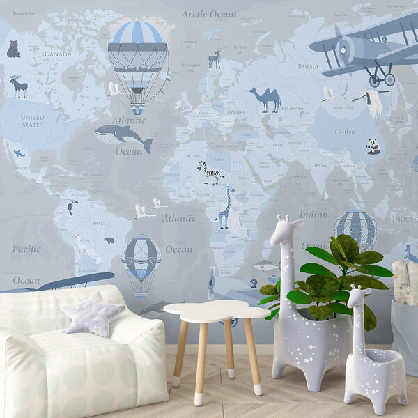 Weltkarte mit verschiedenen Arten von Flugzeugen und Tieren Weltkarte mit verschiedenen Arten von Flugzeugen und Tieren