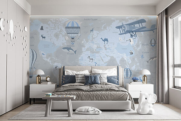 Weltkarte mit verschiedenen Arten von Flugzeugen und Tieren Weltkarte mit verschiedenen Arten von Flugzeugen und Tieren