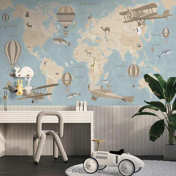 Weltkarte mit Flugzeugen und Heißluftballons Weltkarte mit Flugzeugen und Heißluftballons