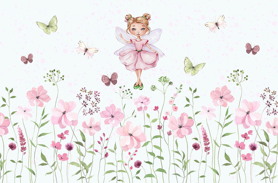 Aquarell einer Fee in einem rosa Kleid, umgeben von Blumen Aquarell einer Fee in einem rosa Kleid, umgeben von Blumen
