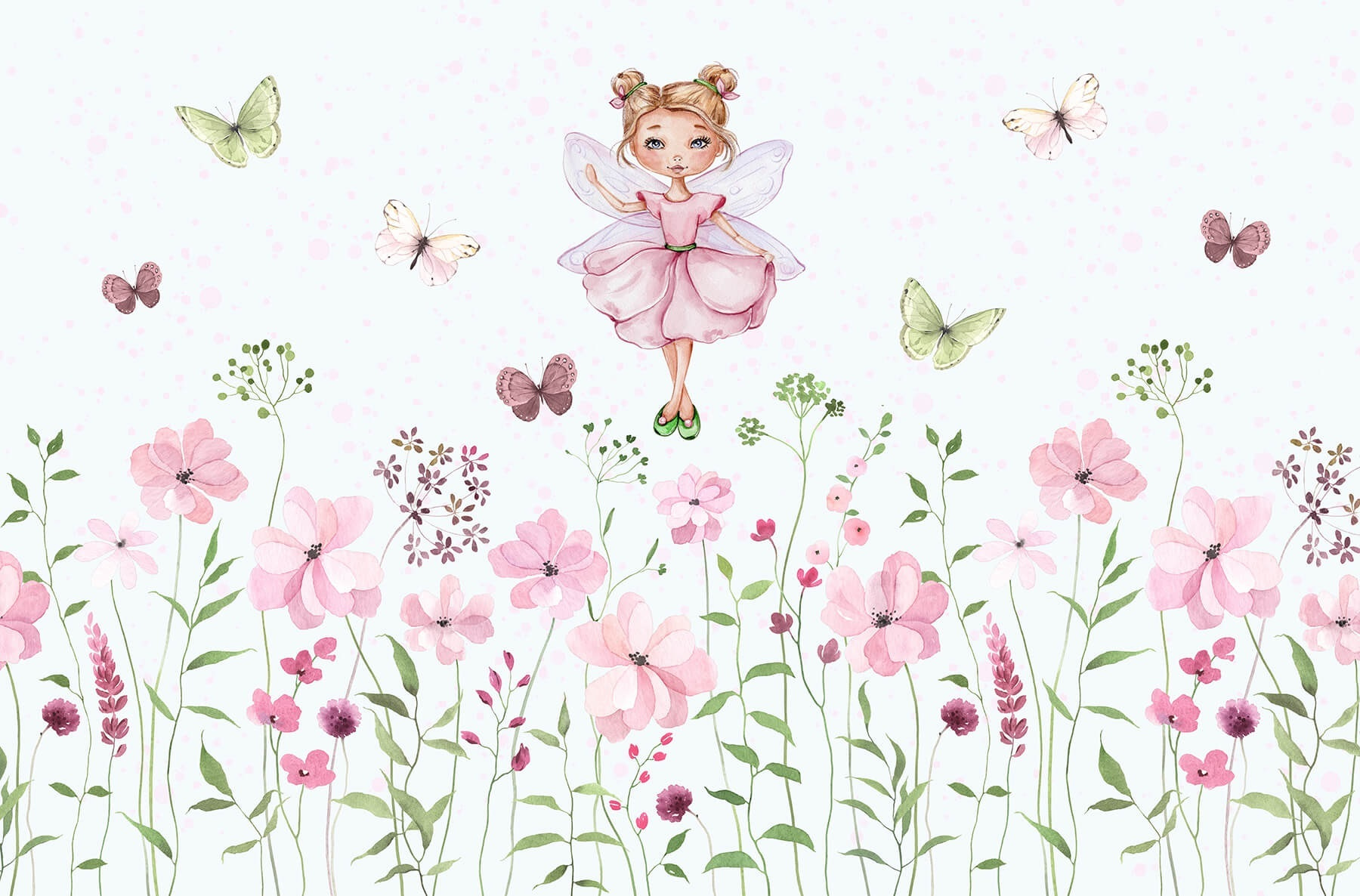 Watercolor of a fairy in a pink dress surrounded by flowers Watercolor of a fairy in a pink dress surrounded by flowers