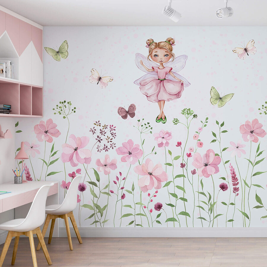 Aquarell einer Fee in einem rosa Kleid, umgeben von Blumen Aquarell einer Fee in einem rosa Kleid, umgeben von Blumen