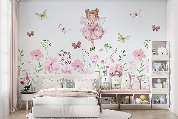Aquarell einer Fee in einem rosa Kleid, umgeben von Blumen Aquarell einer Fee in einem rosa Kleid, umgeben von Blumen