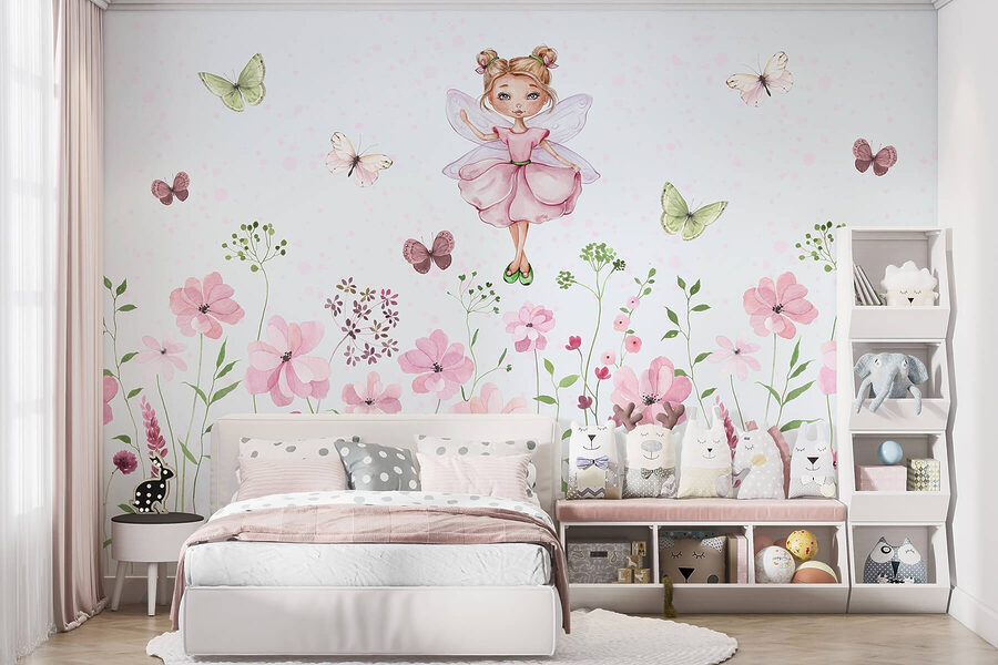 Aquarell einer Fee in einem rosa Kleid, umgeben von Blumen Aquarell einer Fee in einem rosa Kleid, umgeben von Blumen
