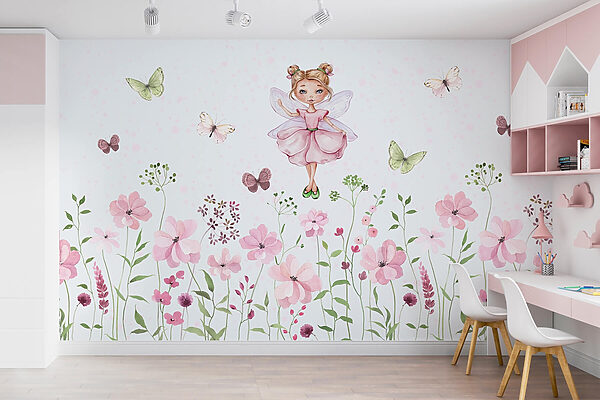 Aquarell einer Fee in einem rosa Kleid, umgeben von Blumen Aquarell einer Fee in einem rosa Kleid, umgeben von Blumen