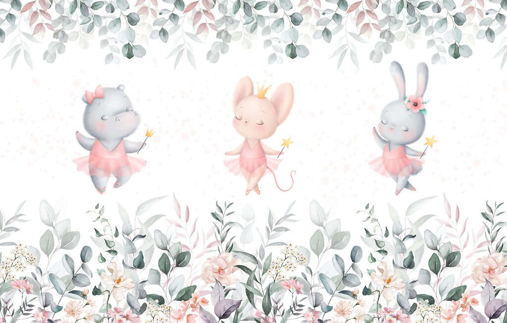 Gruppe von Tieren in rosa Tutu-Röcken und Blumen Gruppe von Tieren in rosa Tutu-Röcken und Blumen