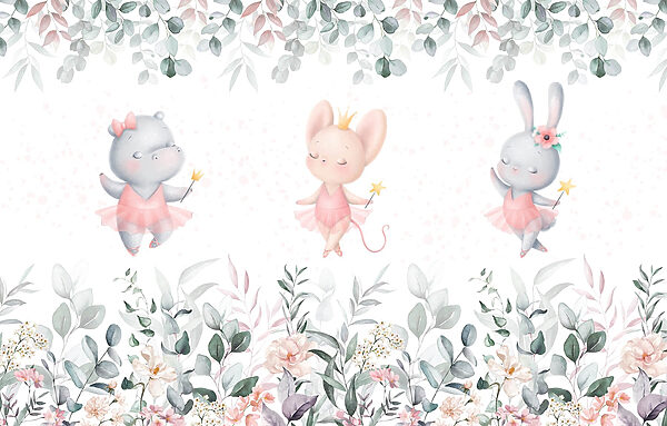 Gruppe von Tieren in rosa Tutu-Röcken und Blumen Gruppe von Tieren in rosa Tutu-Röcken und Blumen