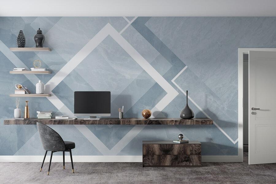 Blauer und weißer Hintergrund mit weißen Quadraten und Linien
