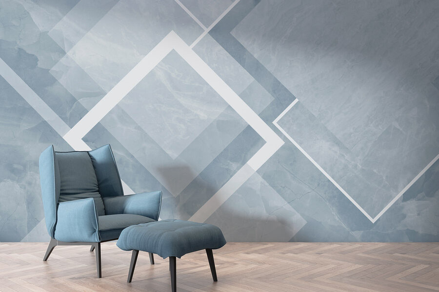 Blauer und weißer Hintergrund mit weißen Quadraten und Linien