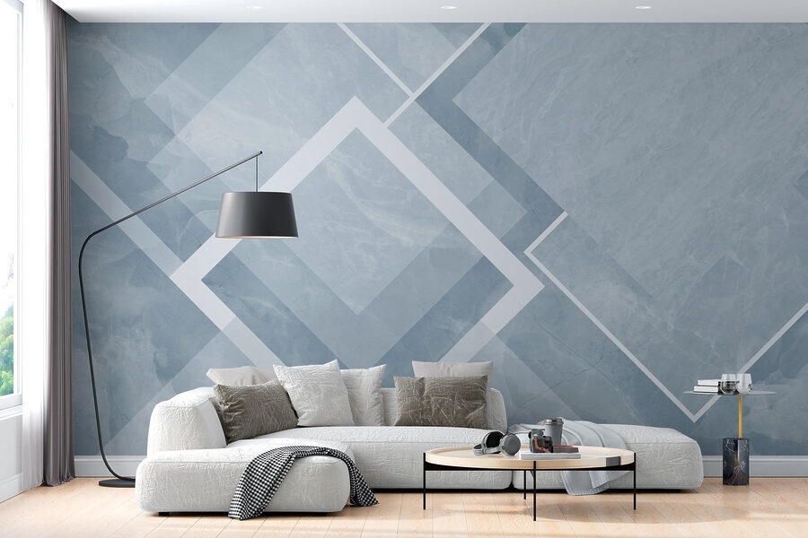 Blauer und weißer Hintergrund mit weißen Quadraten und Linien