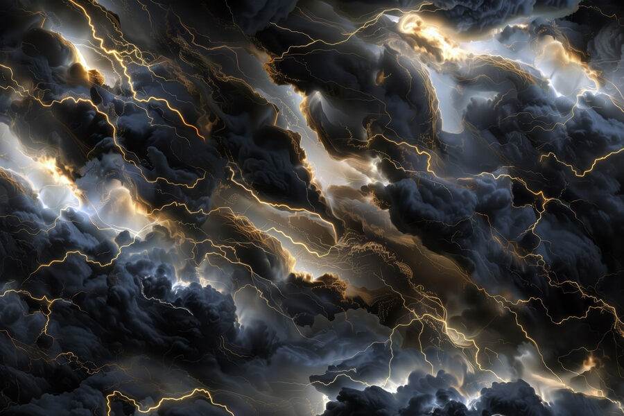 Schwarze Wolken mit Blitzen