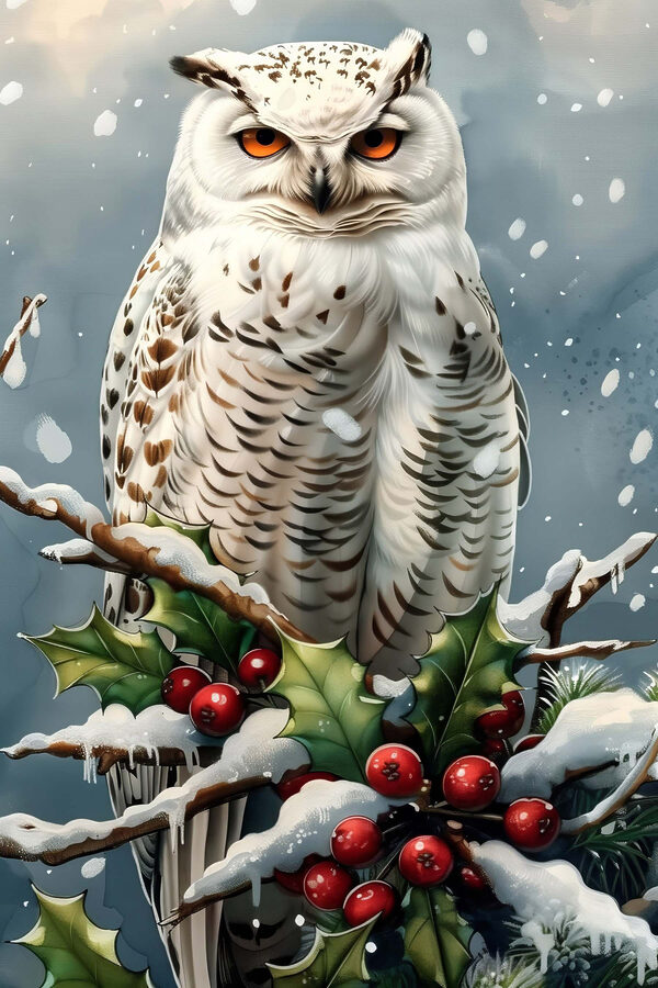 Weiße Eule sitzt auf einem Zweig mit Schnee und Beeren Weiße Eule sitzt auf einem Zweig mit Schnee und Beeren