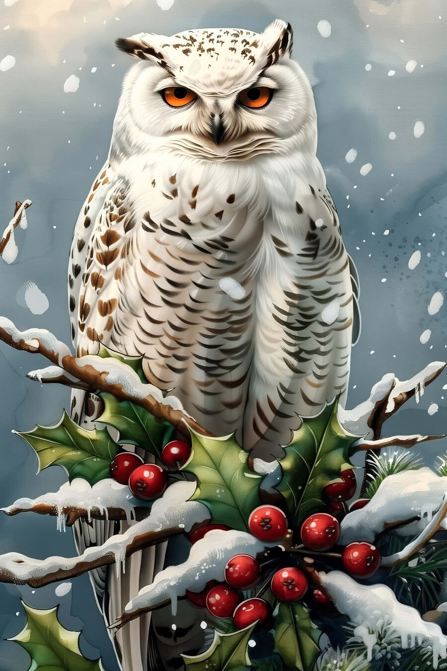 Weiße Eule sitzt auf einem Zweig mit Schnee und Beeren