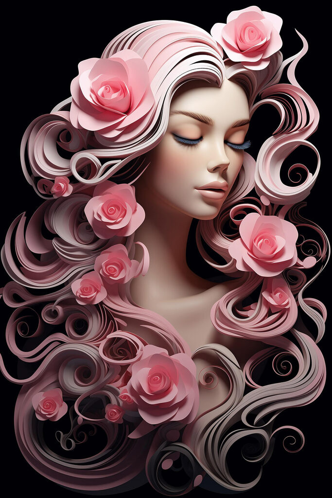 Woman with pink flowers and long hair