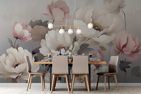 Gemälde mit Blumen an einer Wand Gemälde mit Blumen an einer Wand