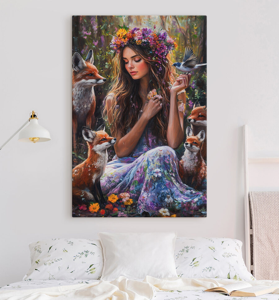 Gemälde einer Frau mit Blumen und Vögeln