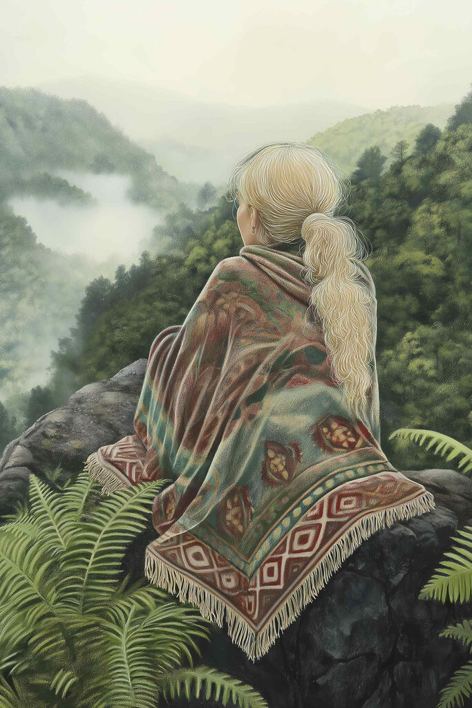 Woman sitting on a rock looking at a foggy valley