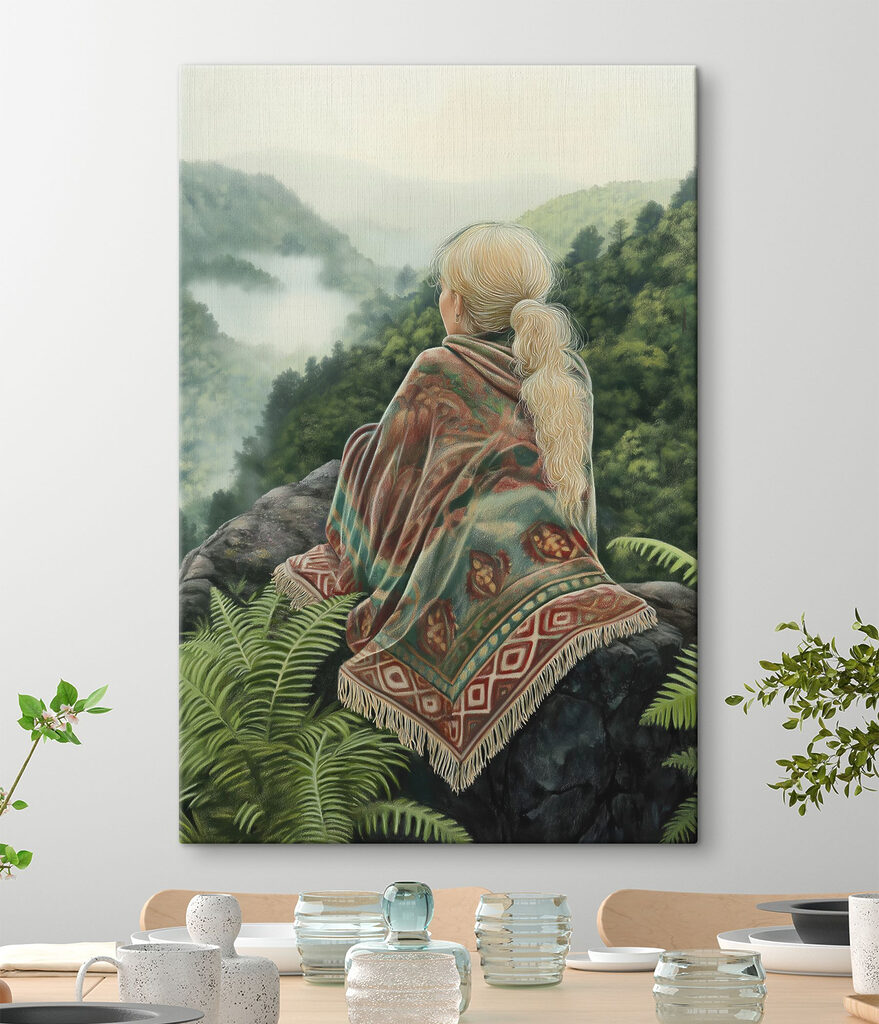 Woman sitting on a rock looking at a foggy valley