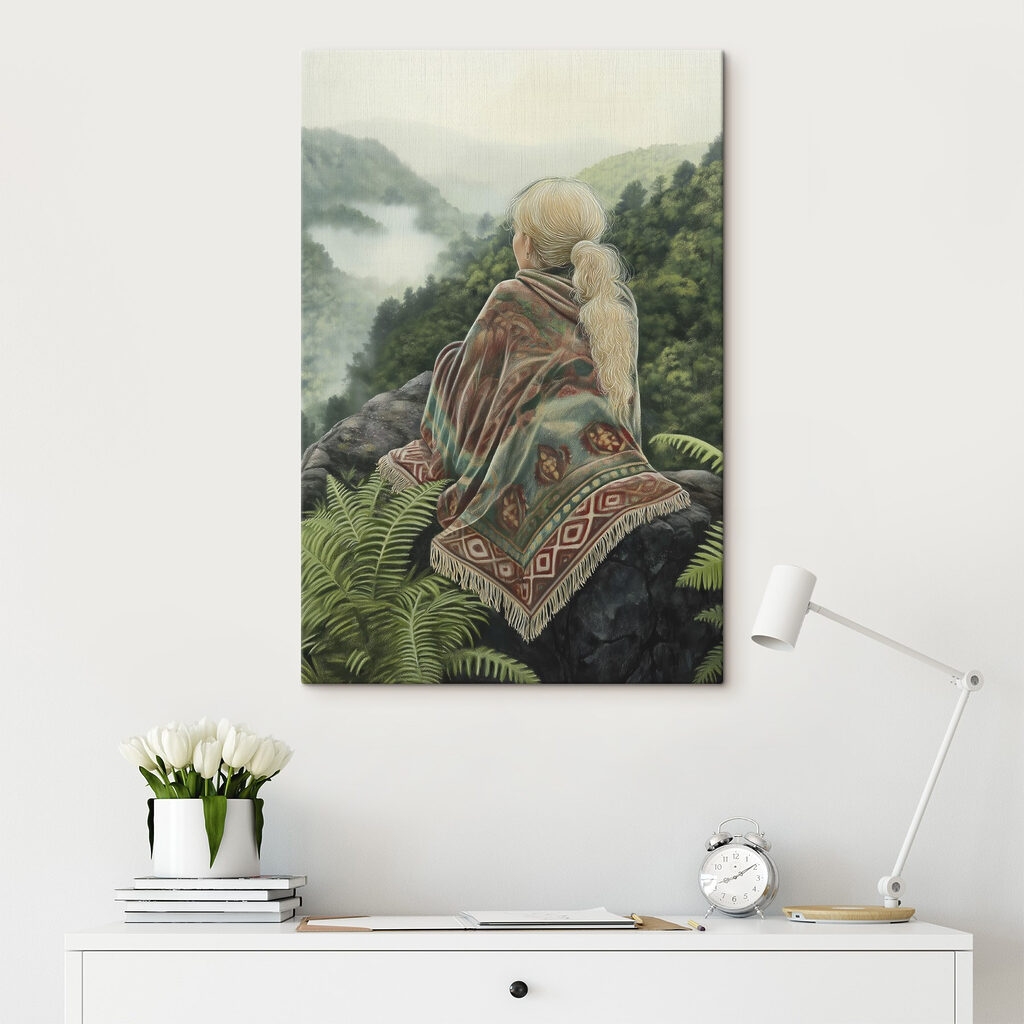 Woman sitting on a rock looking at a foggy valley