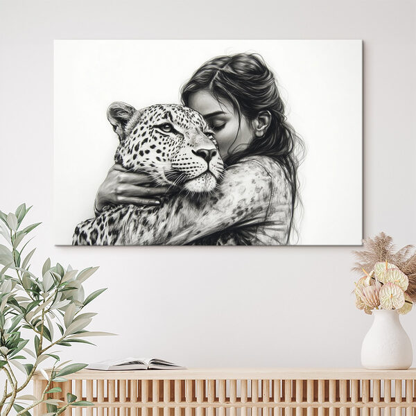 Zeichnung einer Frau, die einen Leoparden umarmt Zeichnung einer Frau, die einen Leoparden umarmt