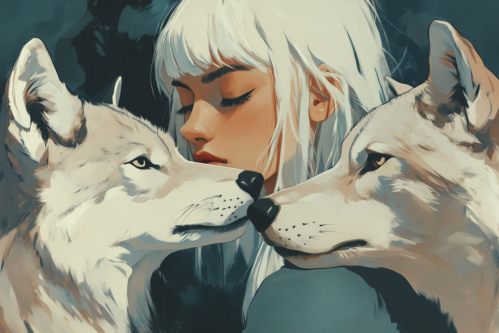 Woman with white hair and two wolves