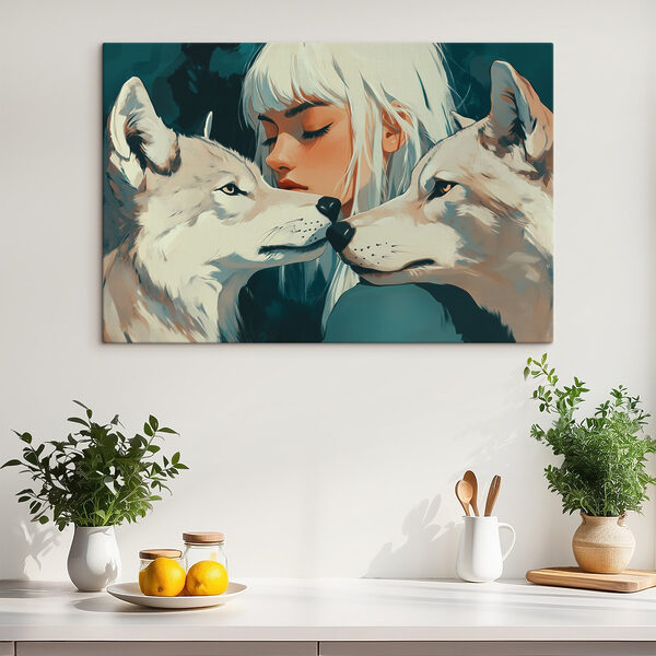 Woman with white hair and two wolves Woman with white hair and two wolves