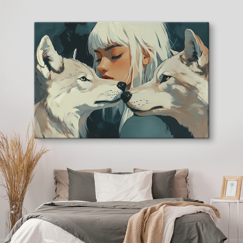 Woman with white hair and two wolves