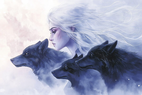 Woman with white hair and wolfs Woman with white hair and wolfs