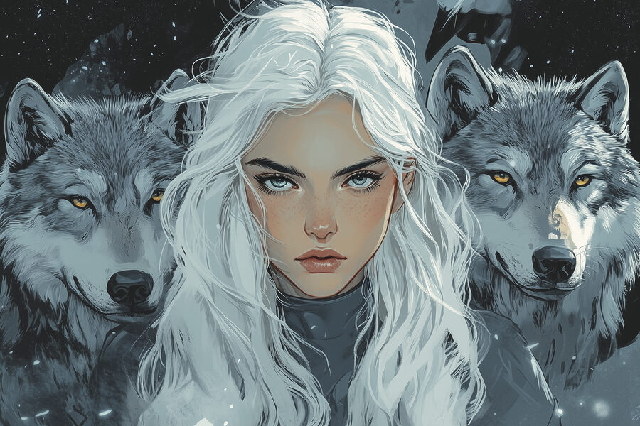 Frau mit weißem Haar und einem Wolf hinter ihr