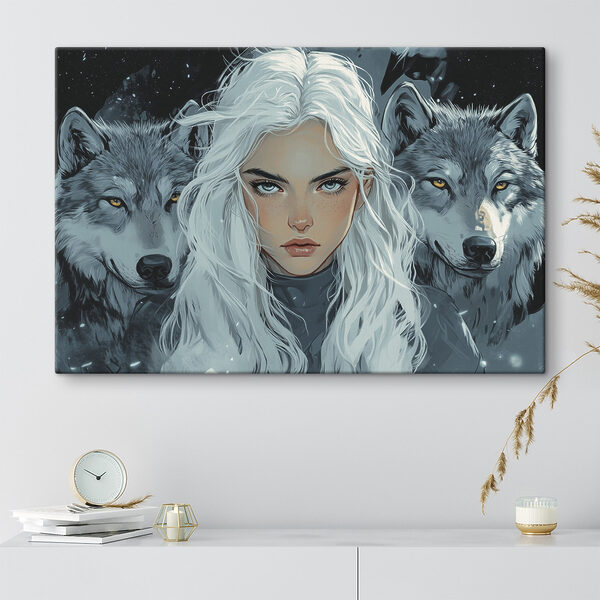 Frau mit weißem Haar und einem Wolf hinter ihr Frau mit weißem Haar und einem Wolf hinter ihr