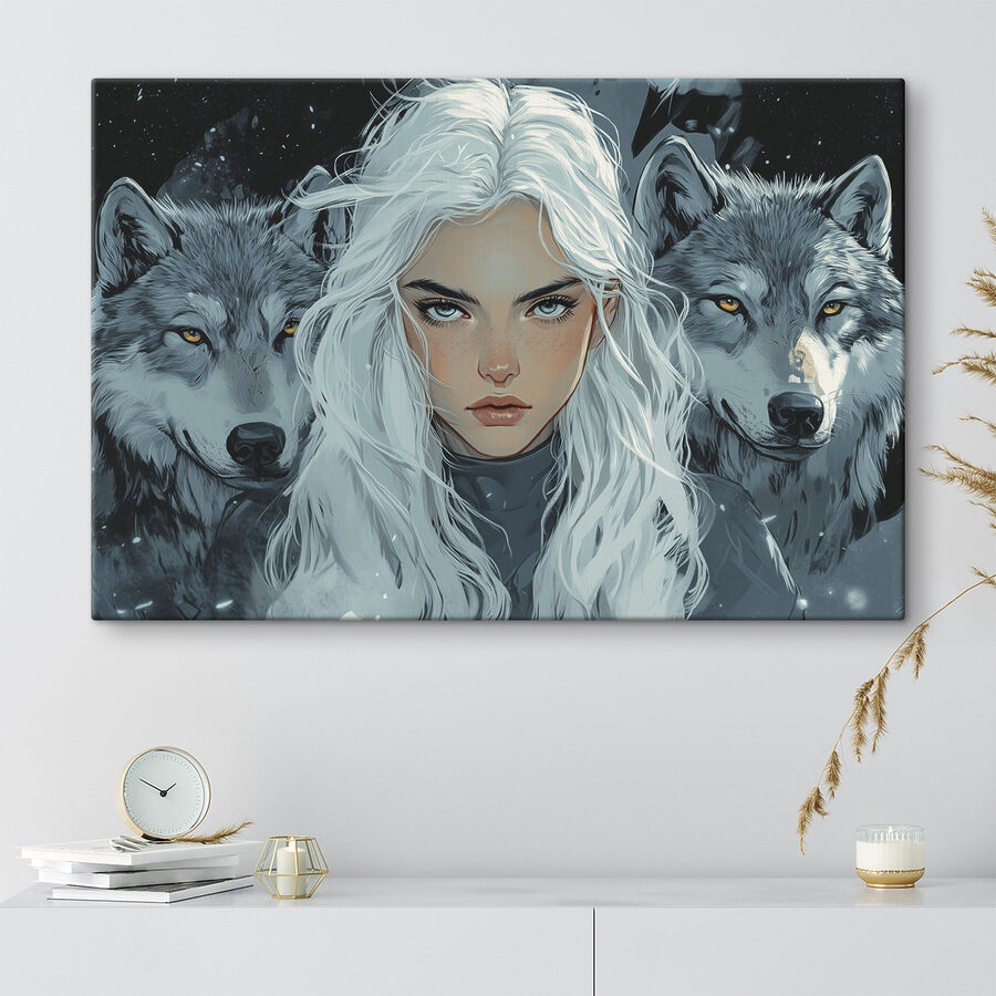 Frau mit weißem Haar und einem Wolf hinter ihr