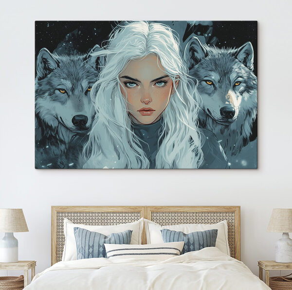 Frau mit weißem Haar und einem Wolf hinter ihr Frau mit weißem Haar und einem Wolf hinter ihr