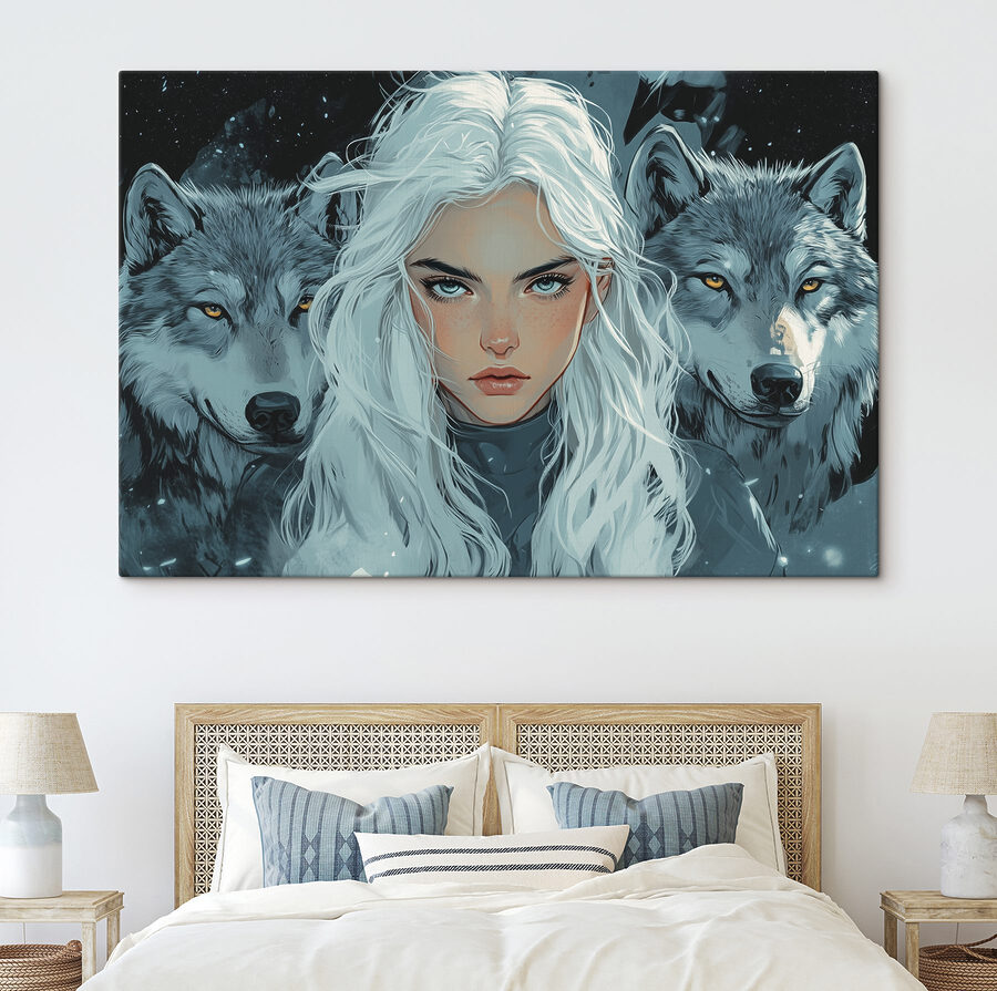 Frau mit weißem Haar und einem Wolf hinter ihr