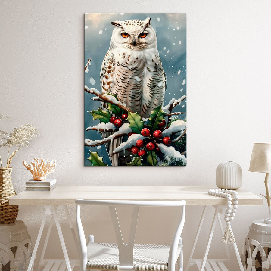 Weiße Eule sitzt auf einem Zweig mit Schnee und Beeren
