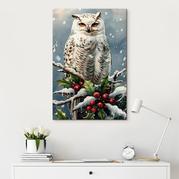 Weiße Eule sitzt auf einem Zweig mit Schnee und Beeren Weiße Eule sitzt auf einem Zweig mit Schnee und Beeren