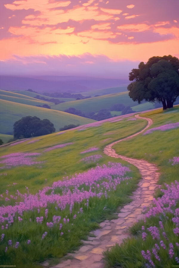 Weg durch ein Feld mit lila Blumen Weg durch ein Feld mit lila Blumen