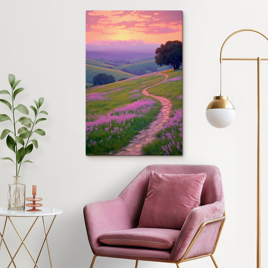 Weg durch ein Feld mit lila Blumen