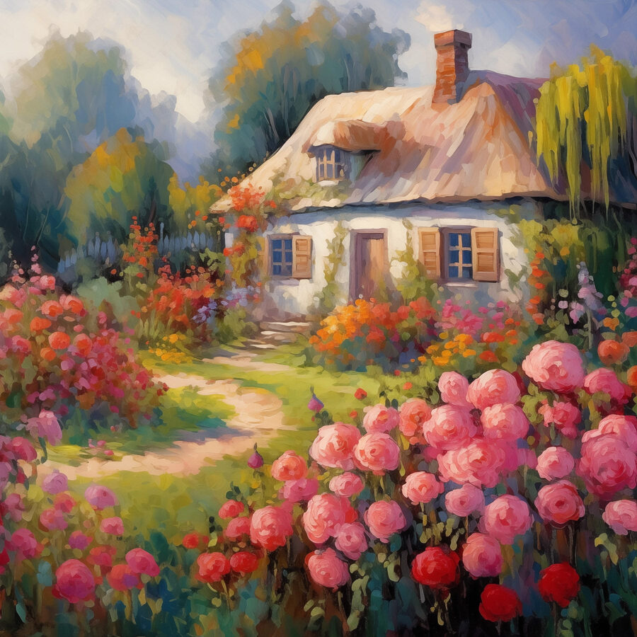 Gemälde eines Hauses mit Blumen