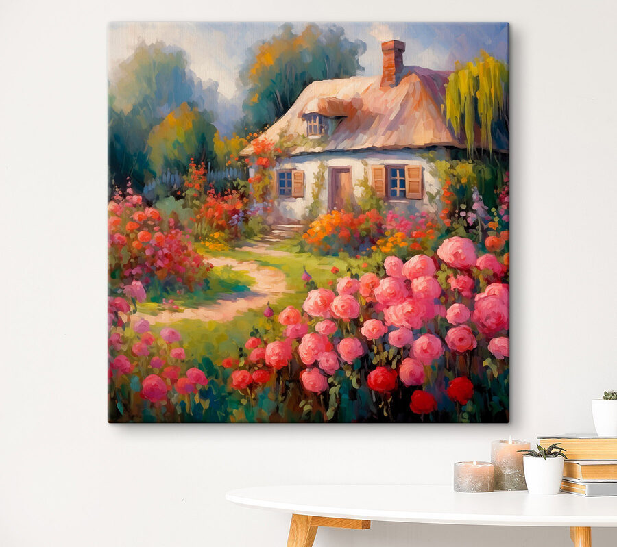 Gemälde eines Hauses mit Blumen